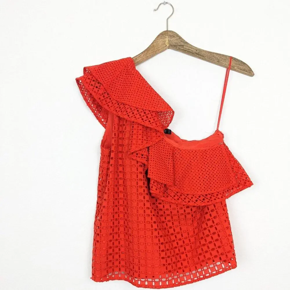NWT J. Crew Fiery Sunset One Shoulder Eyelet Ruffle Top